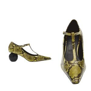 Marni Pumps Orb T Strap Size 37 US 7 Lime Snakeskin Embossed Ball Heel Italy NEW
